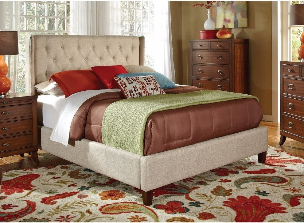 Tranquil Upholstered Queen Size Bed with Button Tufting, Beige