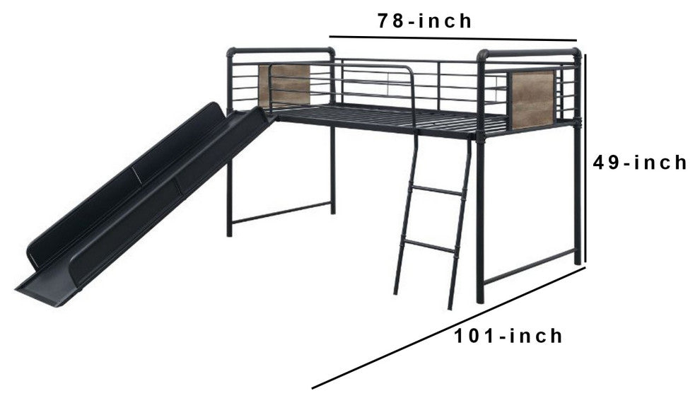 Benzara BM261730 Twin Loft Bed With Tubular Metal Frame and Slide, Dark Bronze