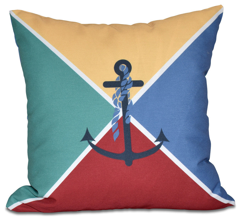 Anchor Flag, Geometric Print Outdoor Pillow, Yellow, 20"x20"