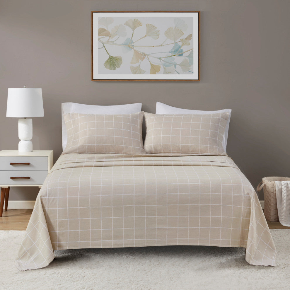 Beautyrest Oversized Flannel 4 Piece Sheet Set, Beige Windowpane
