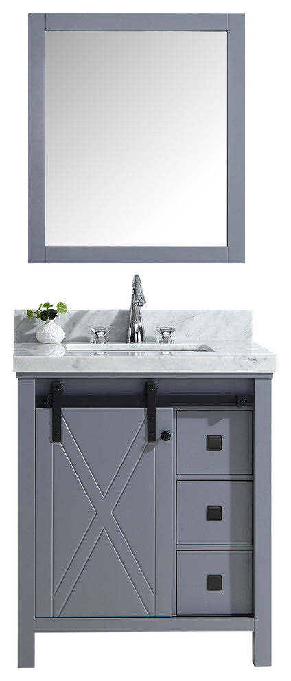 Marsyas Veluti 30" Dark Gray Single Vanity Carrara Marble Top Sink, 28" Mirror