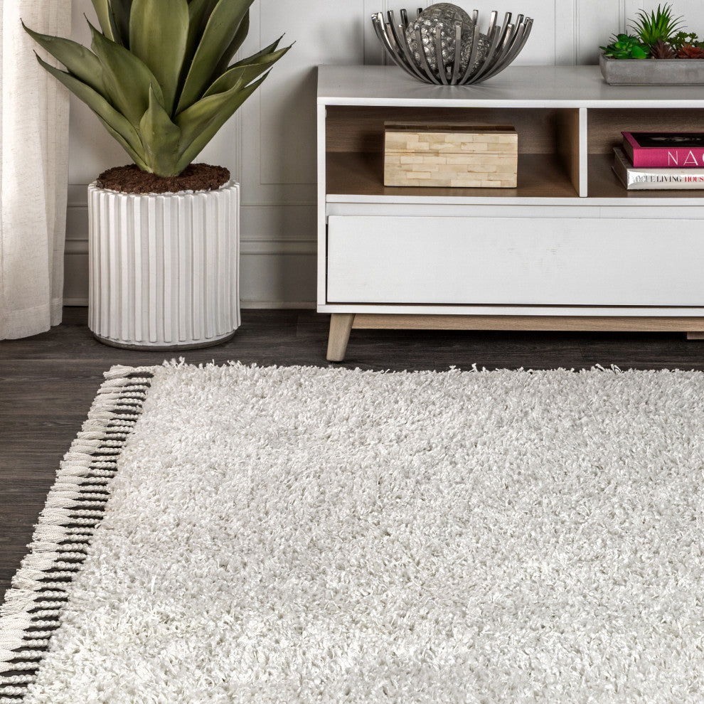 Mercer Shag Plush Tassel Area Rug, White, 5 X 8