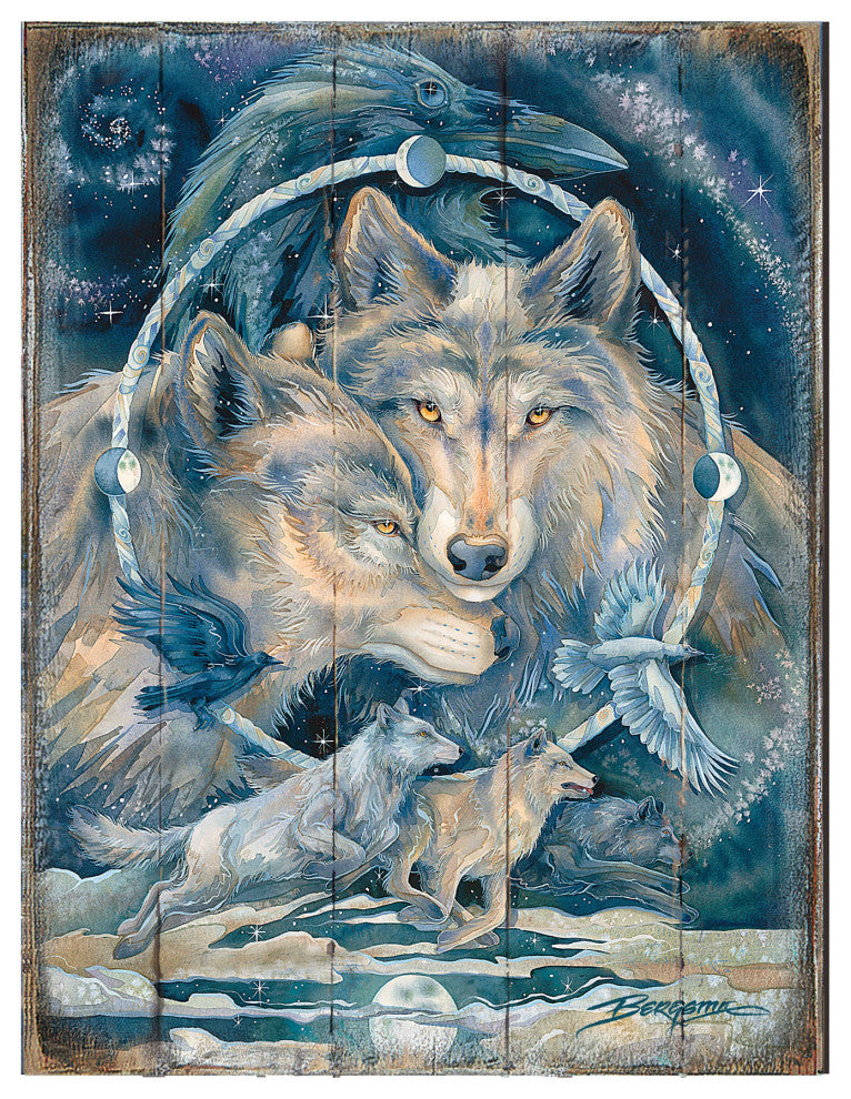 In Spirit I Am Free Wolves and Ravens Wooden Wall Art, Oversized 48x36