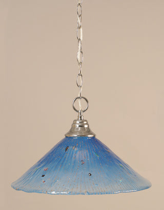 Chain Hung Pendant In Chrome, 16" Teal Crystal Glass