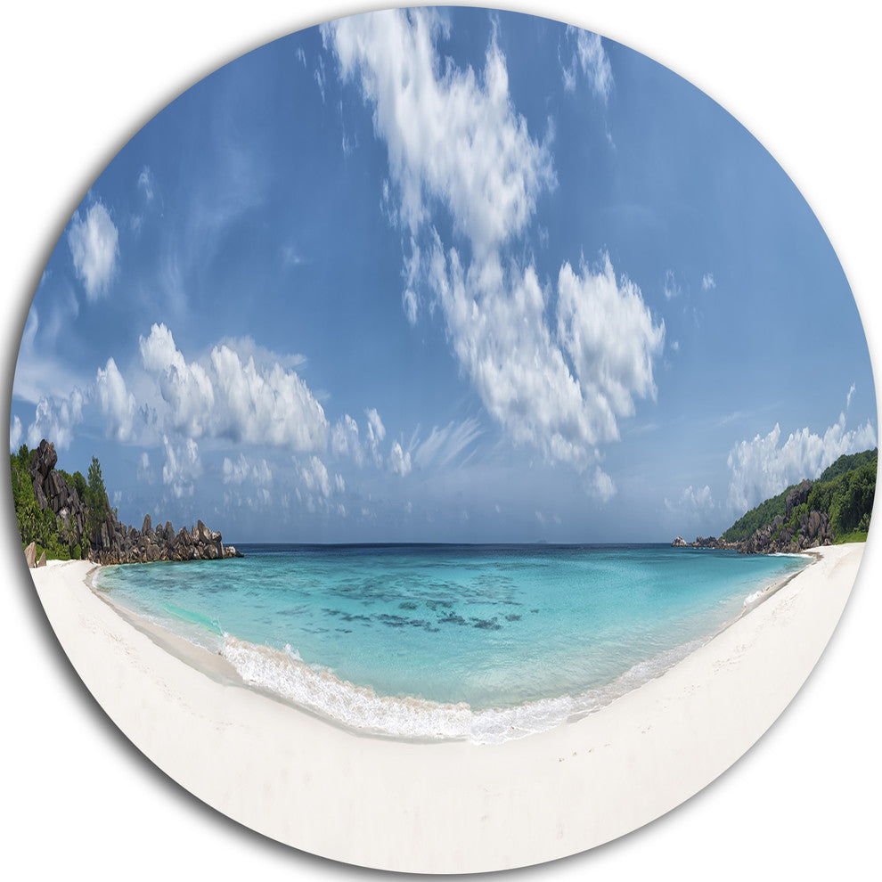 Majestic Seychelles Beach Panorama, Seascape Disc Metal Wall Art, 11"