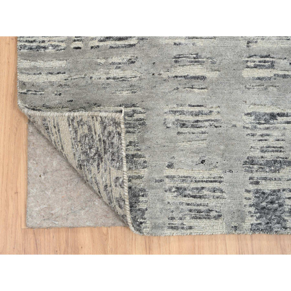 Gray, Natural Wool, Hand Knotted, Modern Design XL Runner Rug, 2'7"x23'8"