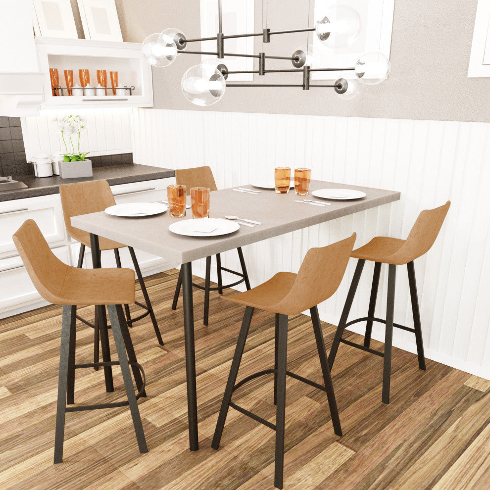 LeisureMod Elland Modern Upholstered Leather Bar Stool Iron Legs, Light Brown