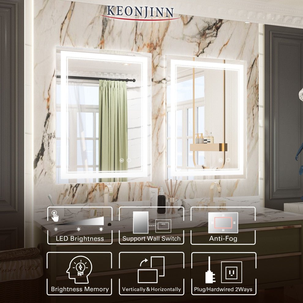 3-Colors LED Bathroom Mirror, Anti-Fog Memory Dimmable, Sliver, 24"x32"