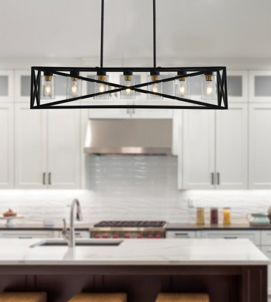 7-Light Kitchen Island Pendant Light Farmhouse Cage Chandelier, Black