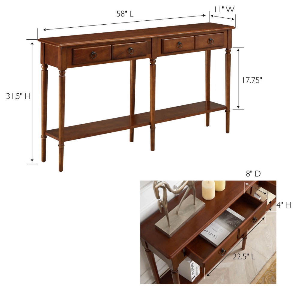 Large Console Table, Turned Legs & Drawers for Extra Storage Space, Pecan