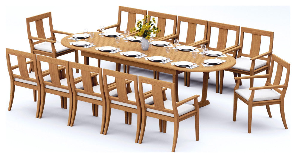 13-Piece Outdoor Teak Dining Set: 117" Masc Extn Oval Table, 12 Osbo Arm Chairs