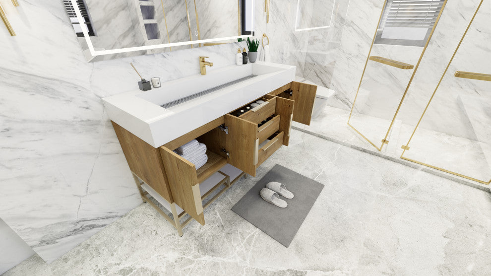 Madison 60" Free Standing Single Sink Vanity with Reinforced Acrylic Sink, Oak