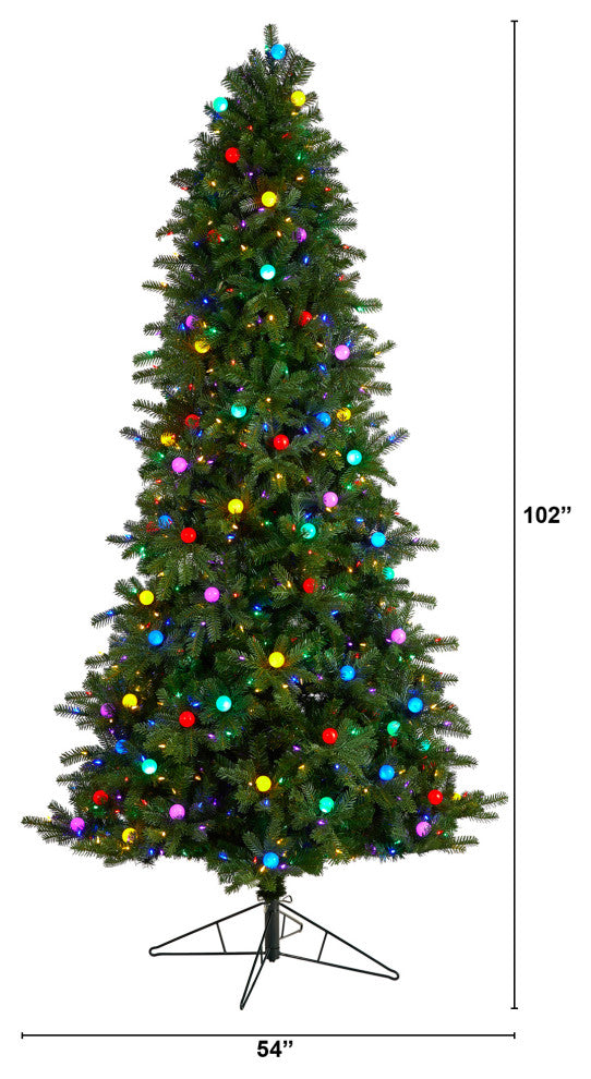 8.5' Montana Mountain Fir Faux Xmas Tree W/Multicolor Lights & Globe Bulbs
