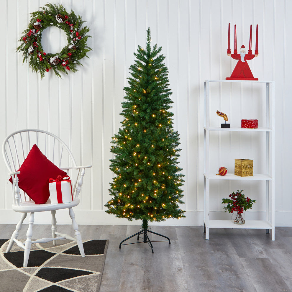 6ï¿½ Slim Green Mountain Pine Artificial Christmas Tree / 250 Clear LED Lights
