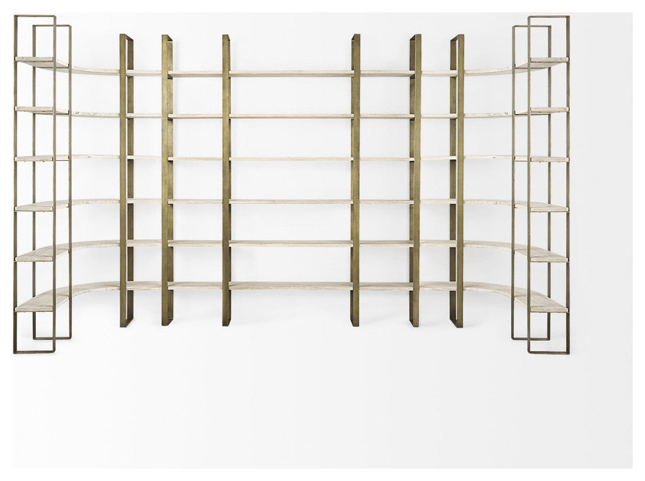 90" Gold and Natural Distressed Iron and Solid Wood Six Tier Bookcase