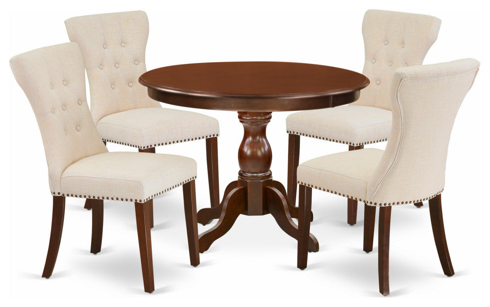 5 Pc Kitchen Set, Mahogany Small Dining Table, 4 Light Beige Dining Chairs