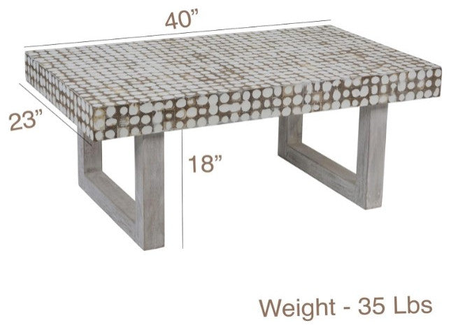 Rectangular Coffee Table With Inlaid Coconut Shells and Sturdy Wood Base