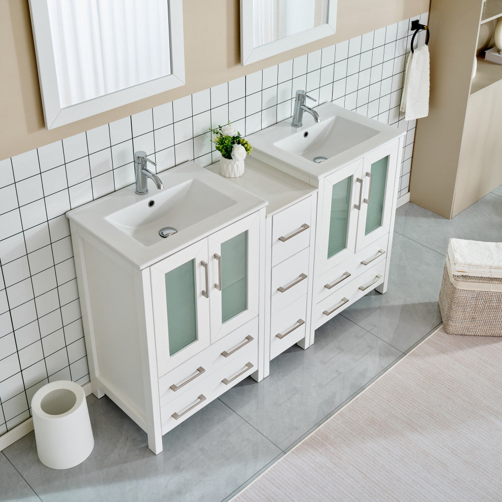 Vanity Art Vanity Set With Ceramic Top, 60", White, Led Touch-Switch Mirror