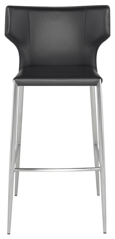 Wayne Bar Stool, Modern Gray Barstool Gray Leather, Brushed Stainless Steel Legs