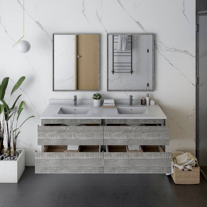 Fresca Formosa Modern 60" Ash Wall Hung Double Sink Vanity Set, Faucet Fft9161bn