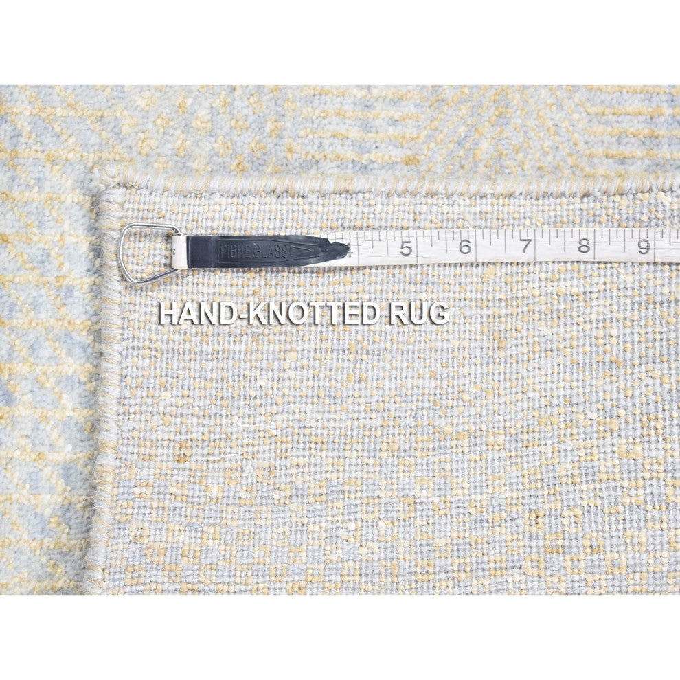 Gray Modern Grass Design Gabbeh Hand Knotted Wool and Silk Runner Rug, 2'8"x9'1"