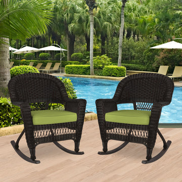 Jeco Rocker Wicker Chair in Espresso with Green Cushion (Set of 2)