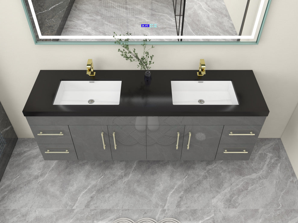 Rosa 72" Wall Mounted Modern Vanity, High Gloss Gray, Matt Black Top