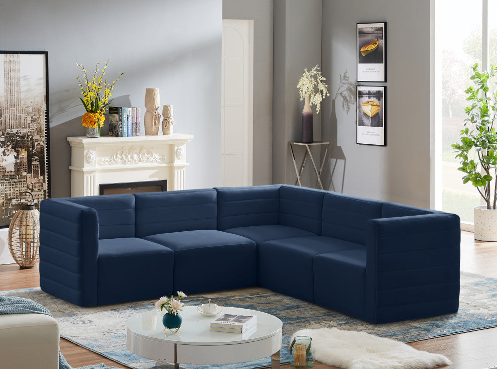 Quincy Velvet Upholstered 5-Piece L-Shaped Modular Sectional, Navy