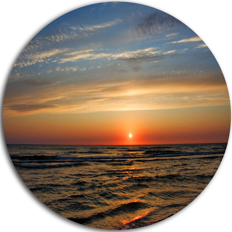 Red Sunset With Dark Ocean Waves, Seashore Round Metal Wall Art, 23"