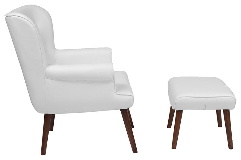 Bayton Upholstered Wingback Chair With Ottoman In White Leather