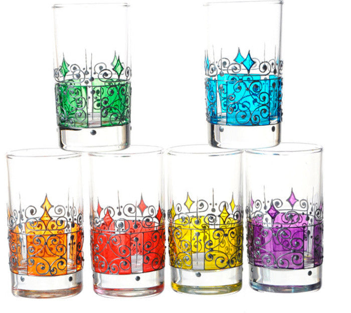 Hand Painted Moorish Glass Teacups, Set of 6