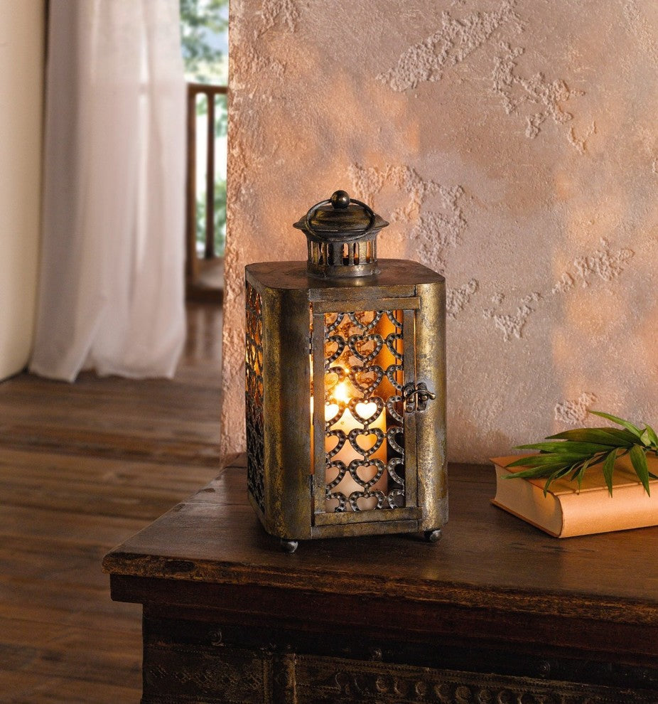 Metal Hanging Candle Lantern With Heart Pattern, Bronze