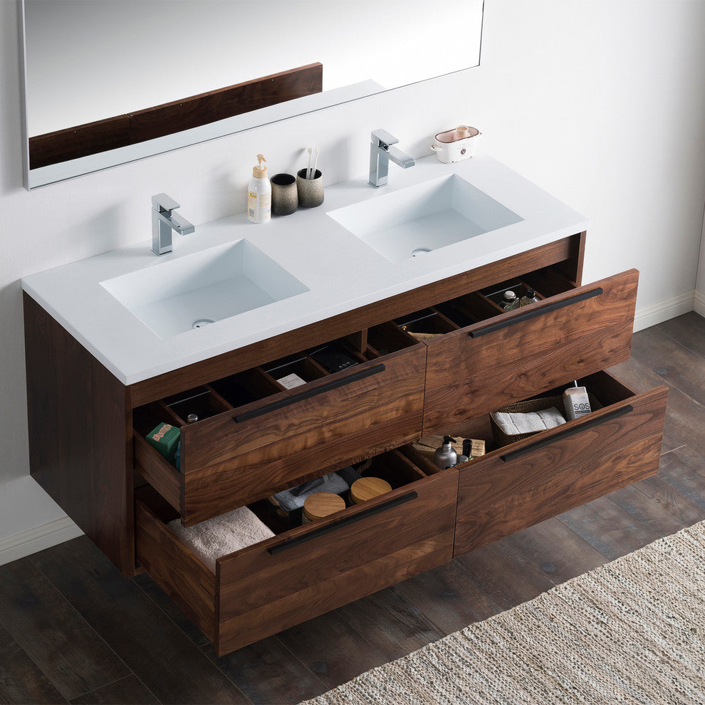 Vanity Alfred 60 Double Sink With Integrated Solid Surface top, American Walnut,