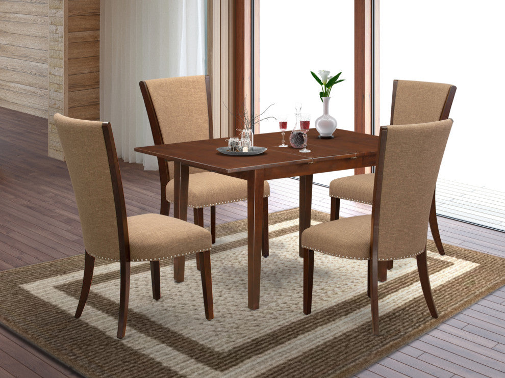 A Dining Set, 4 Parson Chairs Light Sable Color, Wood Table In Mahogany Finish