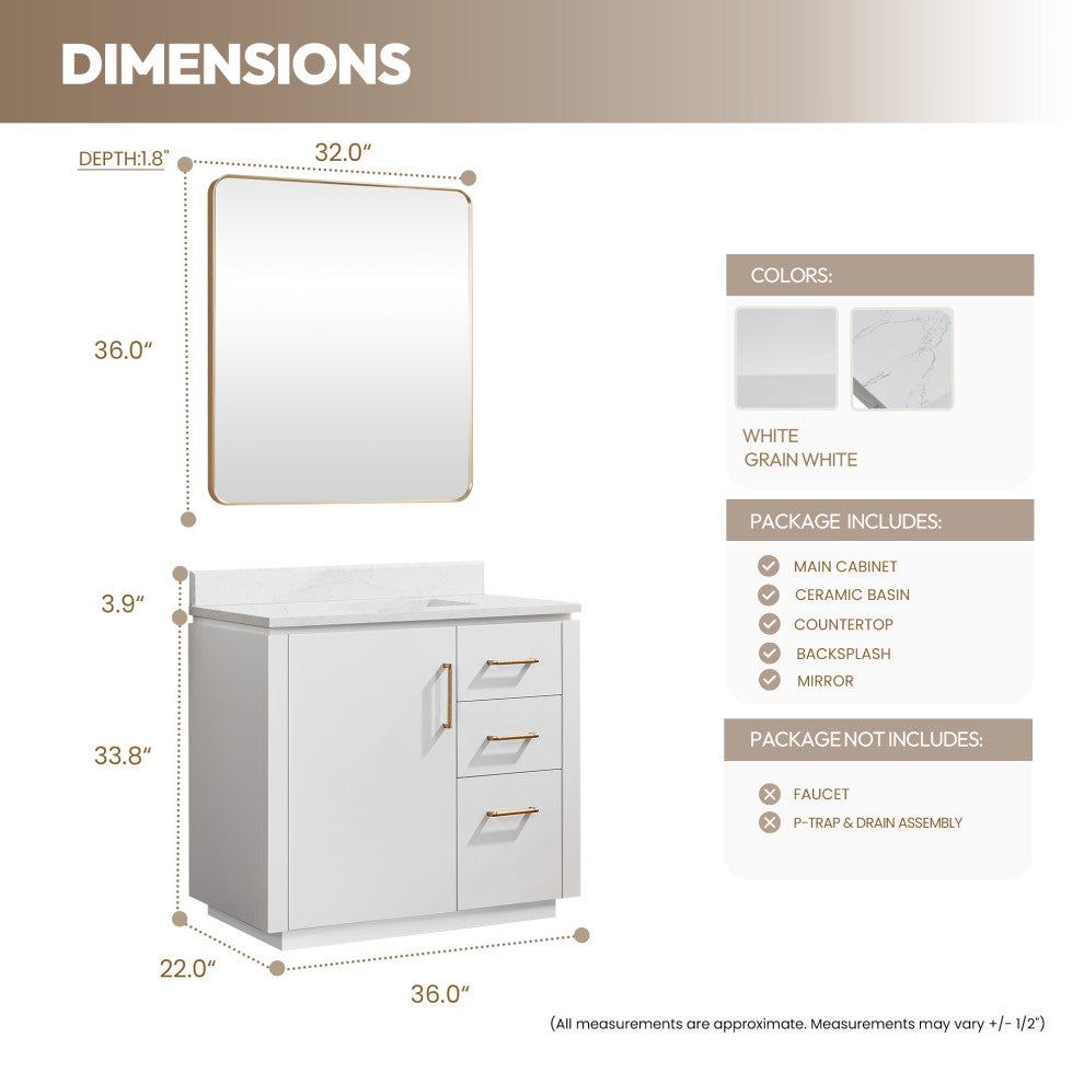 San Bath Vanity with Stone Top, White, 36", Single Vanity, With Mirror