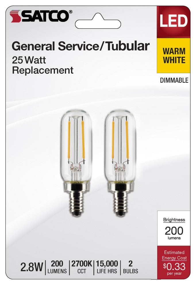 2.8W T6 LED, Clear, Candelabra Base, 2700K, 200 Lumens, 120V, 2-Pack