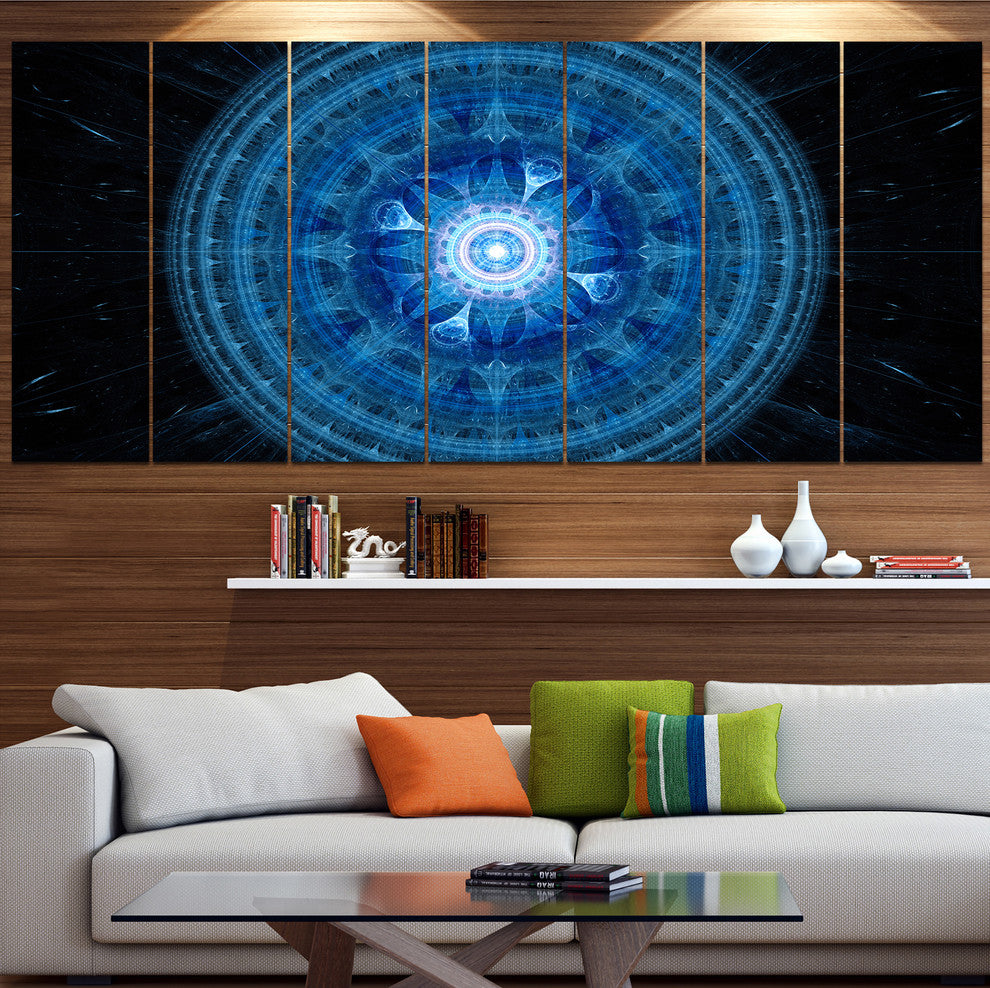 Bright Blue Fractal Sphere, Abstract Wall Art Canvas, 83"x32", 7 Panels