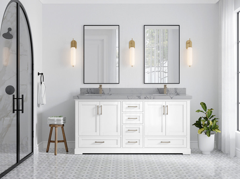 Boston 72 Double Sink Bath Vanity in White 2" Venatino Quartz