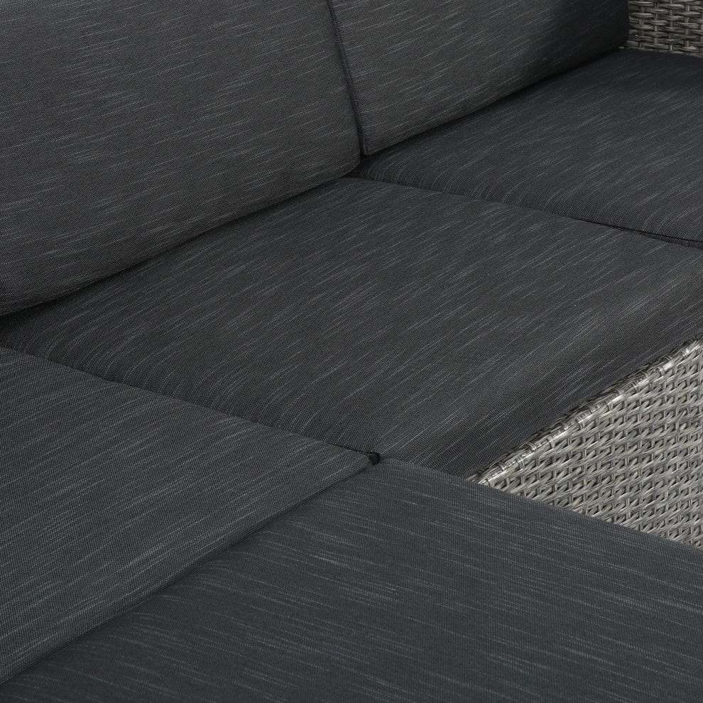 GDF Studio Lorita Outdoor 5-Piece Gray Wicker Sectional Sofa With Black Cushions