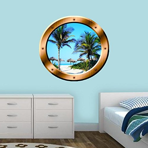 Beach Scene Wall Decal Porthole Palm Trees Window Sticker Wall Art Decor, 1