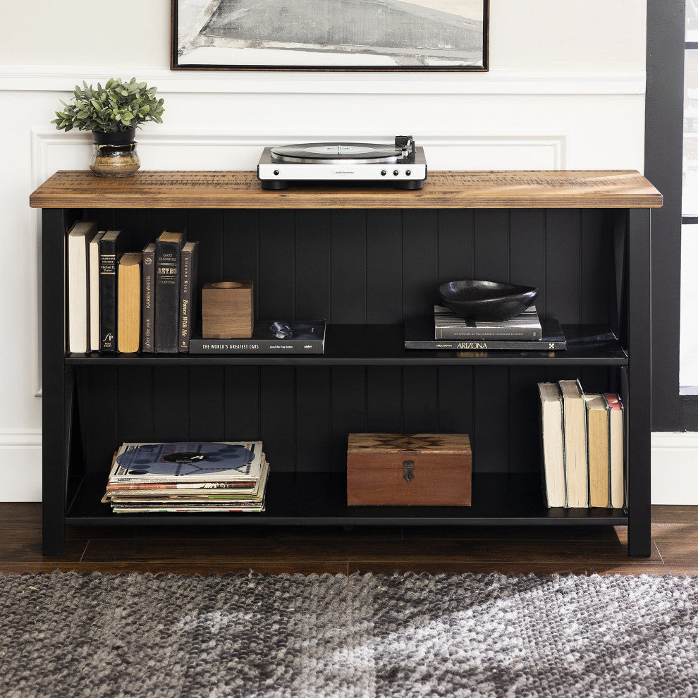 Farmhouse Console Table, Reclaimed Barnwood Top & X-Shaped Side Accents, Black