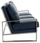 LeisureMod Jefferson Modern Faux Leather Sofa With Silver Frame, Navy Blue
