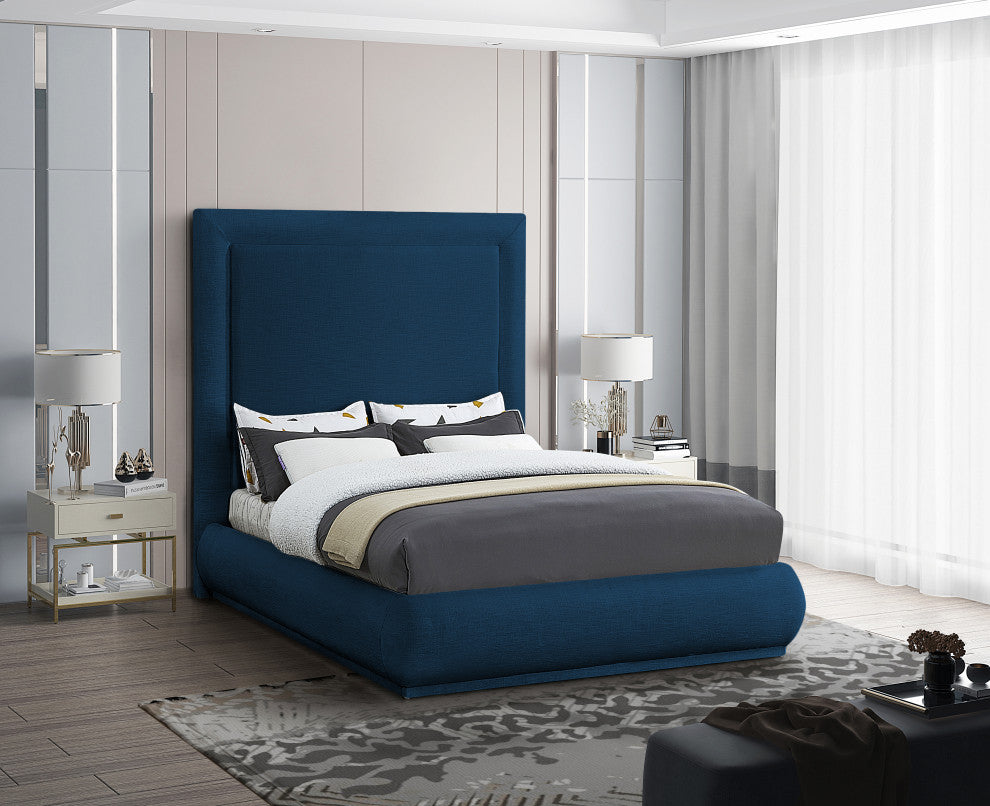 Brooke Linen Textured Fabric Upholstered Bed, Navy, Queen