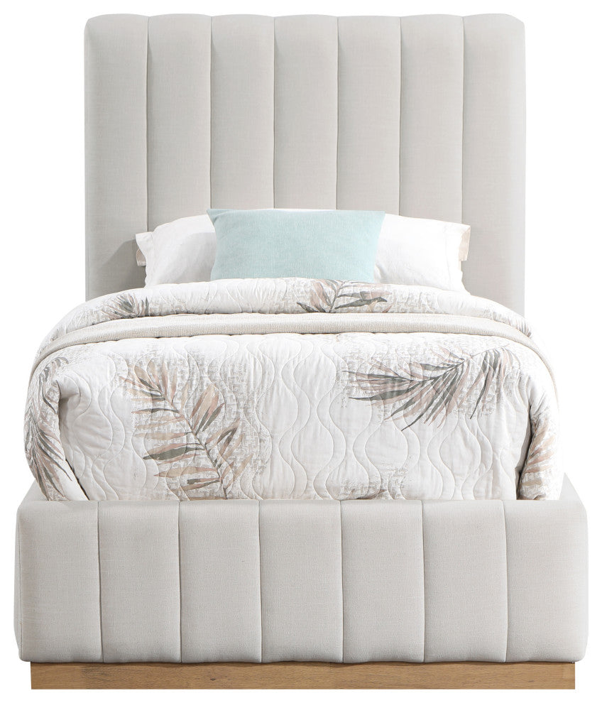 Lucia Beige Linen Textured Fabric Full Bed, Cream, Twin, Natural Finish