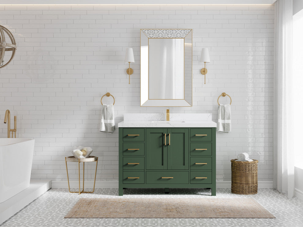 Preston Bath Vanity, Green, 48", Empira Quartz Top, Single, Freestanding