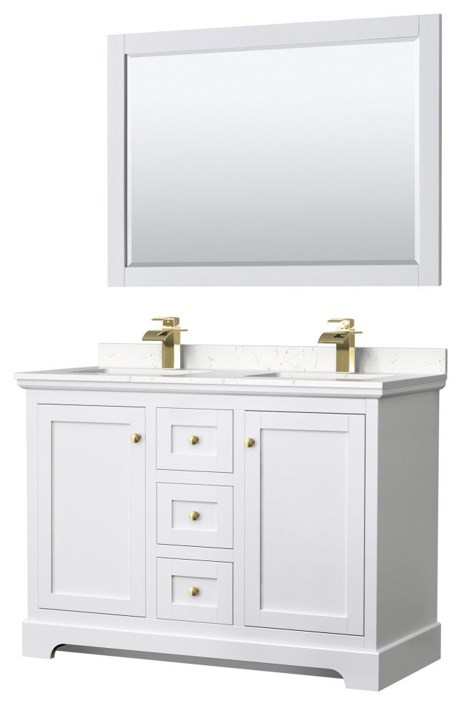 48"DBL Vanity White, Light-Vein Carrara Cult. Top, Sinks, 46"Mirror, Gold Trim