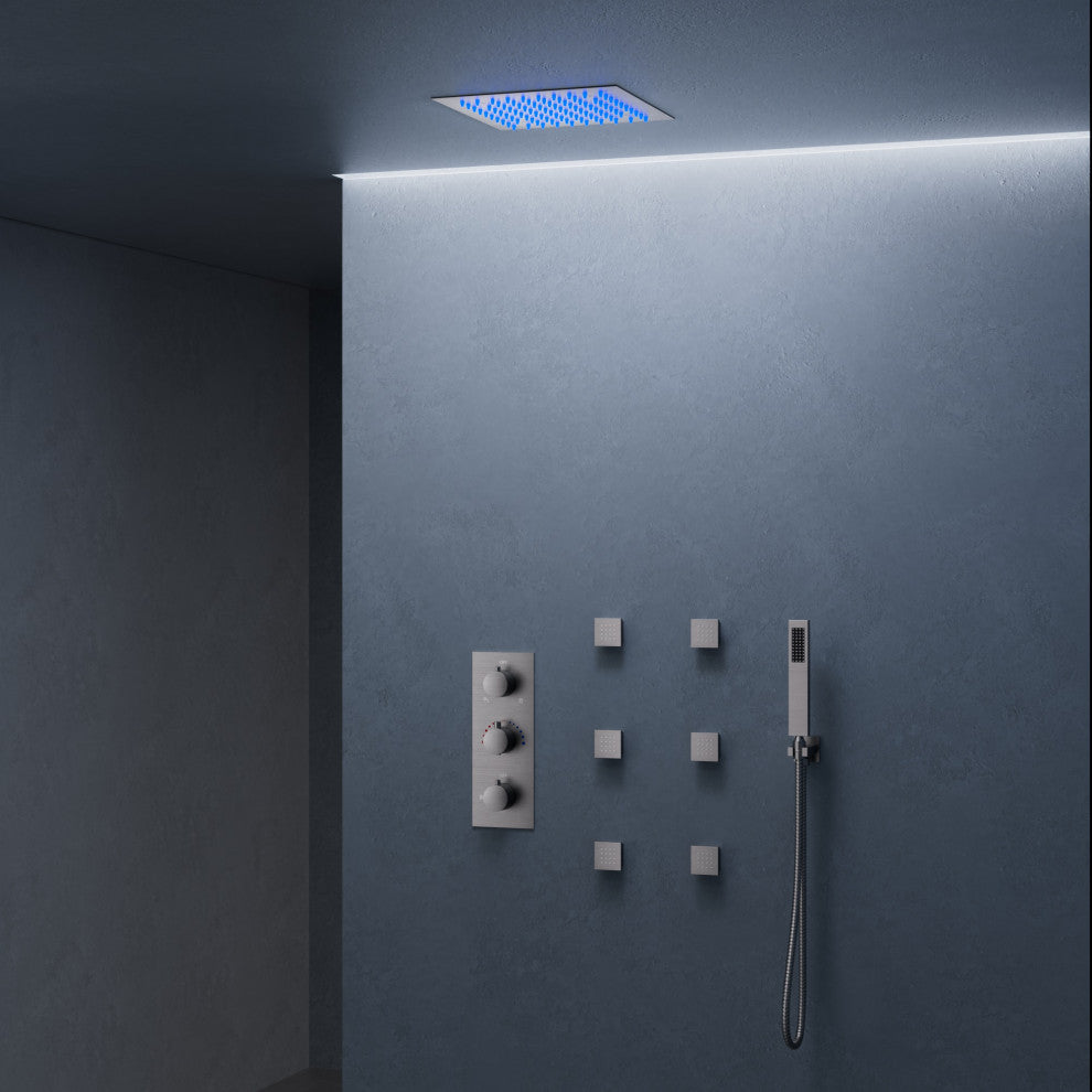 LED Thermostatic Shower System 12" Rain Shower Head with 6 Body Jets, Brushed Nickel