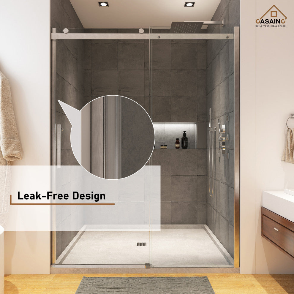 48-in x 76-in Frameless Sliding Shower Door, Brushed Nickel