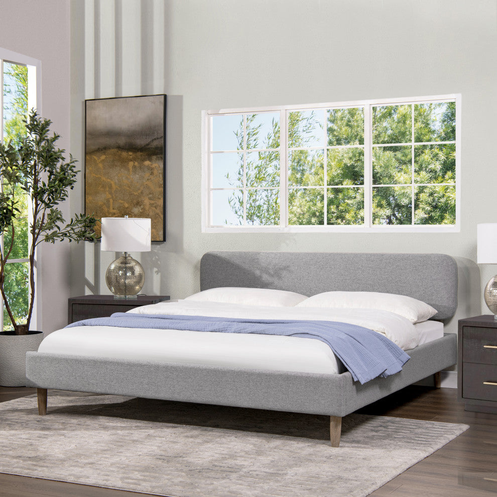 Diego Low Upholstered Platform Bed, Light Gray Polyester, King