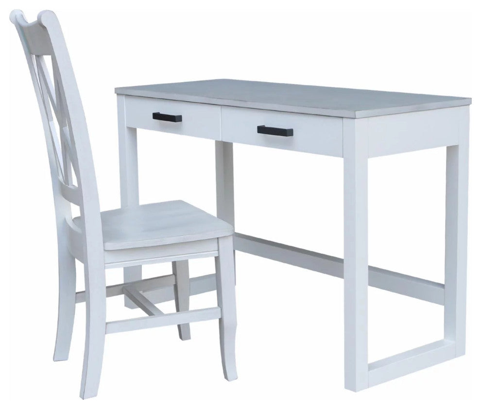 Transitional Desk With Storage Drawers & Double X-Shaped Back Chair, Chalk/White